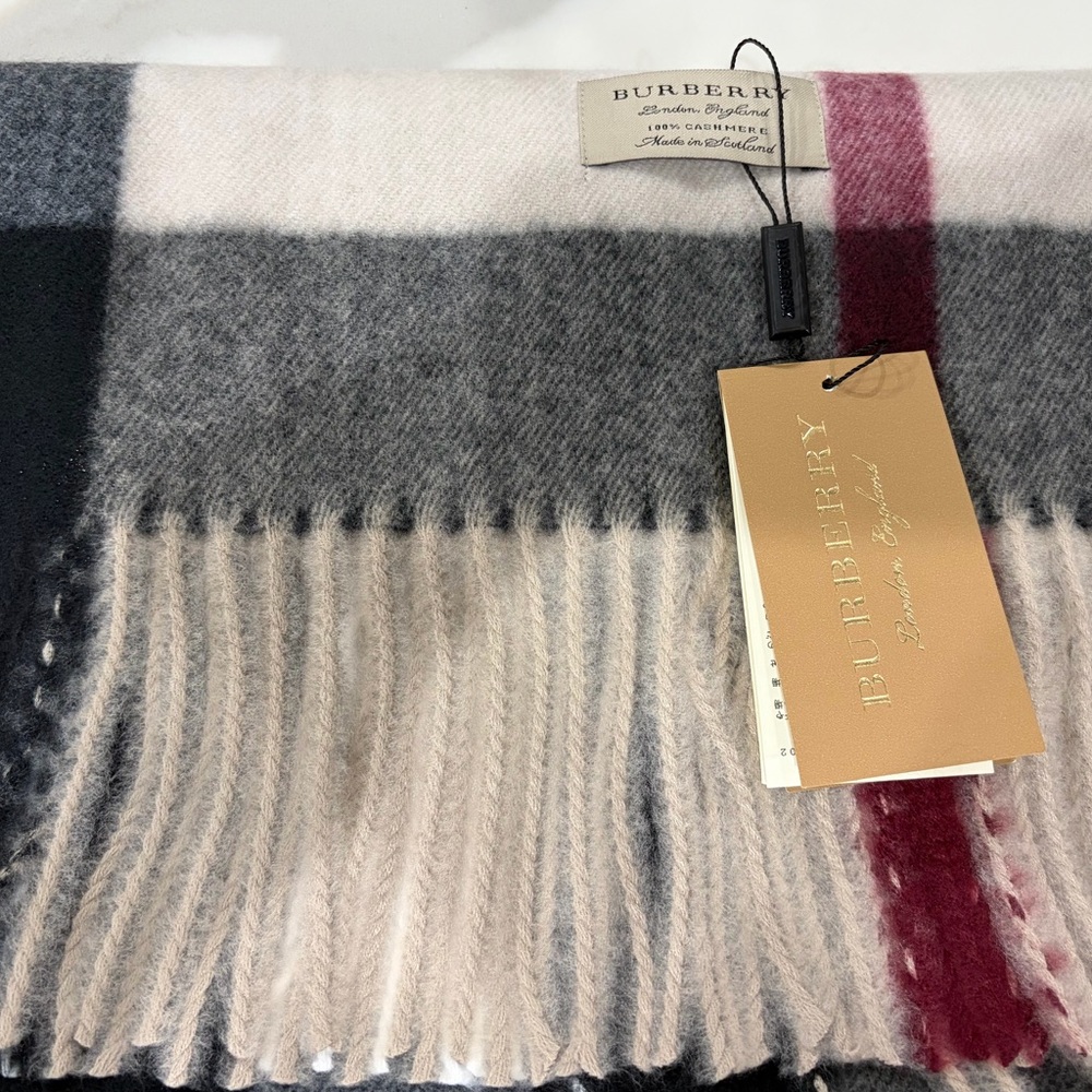 Burberry Wool Scarf in Black, Gray, Cream, and Red